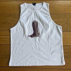 Nasty Gal Women Cowboy Boot Tank Top SZ XL Rodeo Western Cowgirl Festival White
